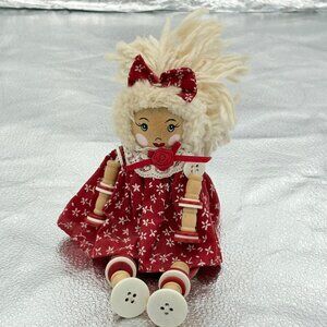 VTG Handcrafted Wooden Rag Doll With Red Floral Dress & Yarn Hair Button Legs 7"
